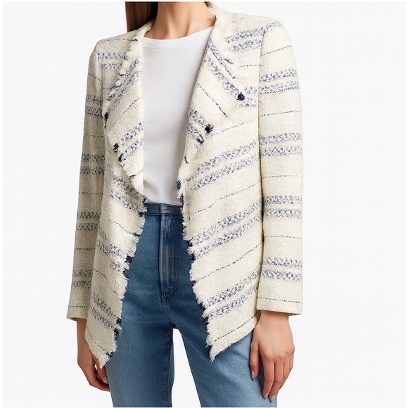 Express Jackets & Blazers - Express NWT Ivory w/Navy Stripes Draped Boucle Blazer Sz M Womens Cozy Cottage